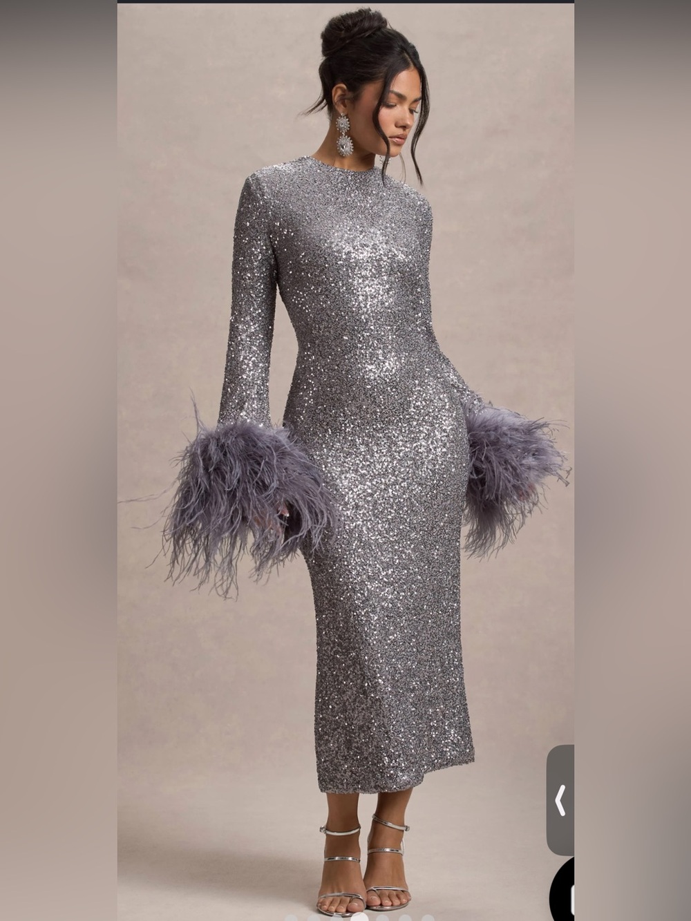 Club L London Silver Sequin Midi Dress with Feather Trim